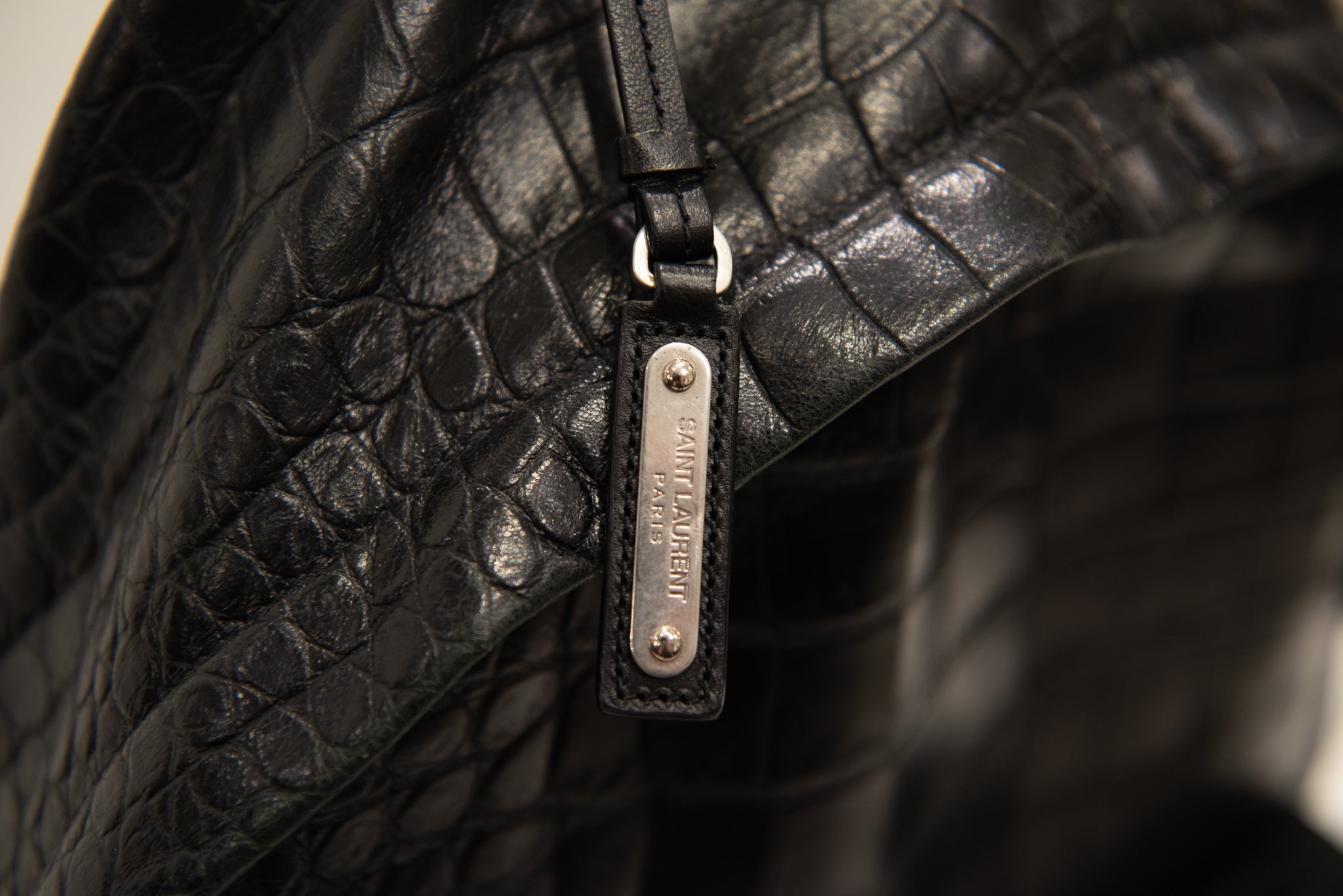SAINT LAURENT Croc Embossed Leather Backpack