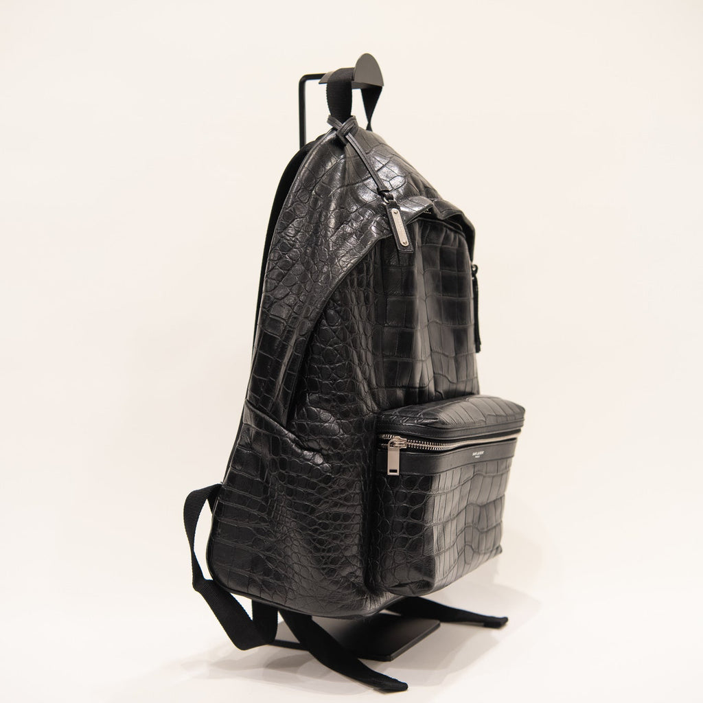 SAINT LAURENT Croc Embossed Leather Backpack