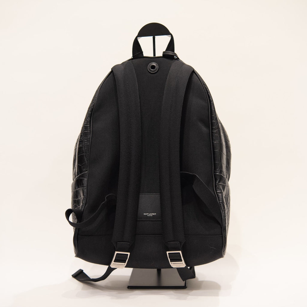SAINT LAURENT Croc Embossed Leather Backpack
